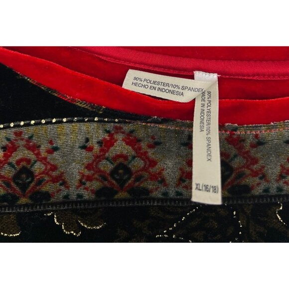 White Stag XL Velvet Holiday Tunic Top Red Black Gold Floral Striped Pattern - Picture 4 of 5